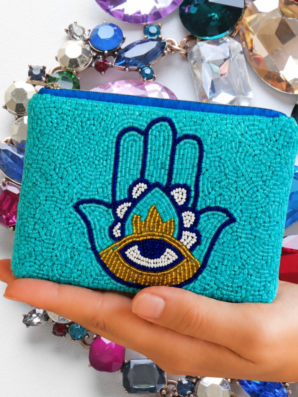 Evil Eye Hamsa Boho Blue Seed Beaded Front Coin Lipstick Makeup Money Bag Pouch